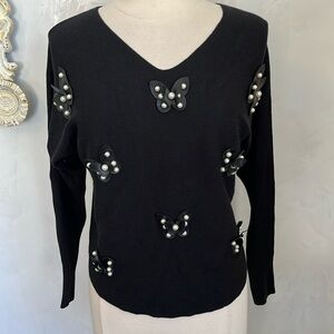 LIV Milano Black V-neck Sweater Faux leather Butterflies & Pearls details Size S